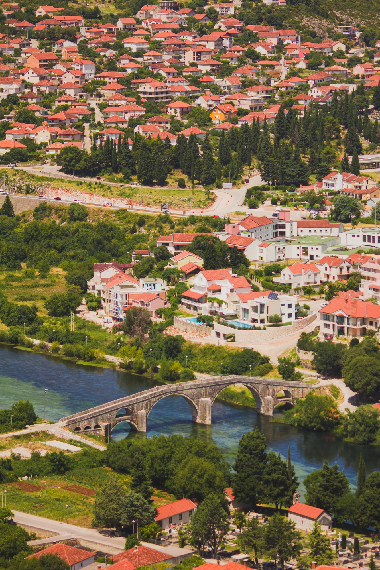 A bridge on a river in a town with many tile roof houses and green trees