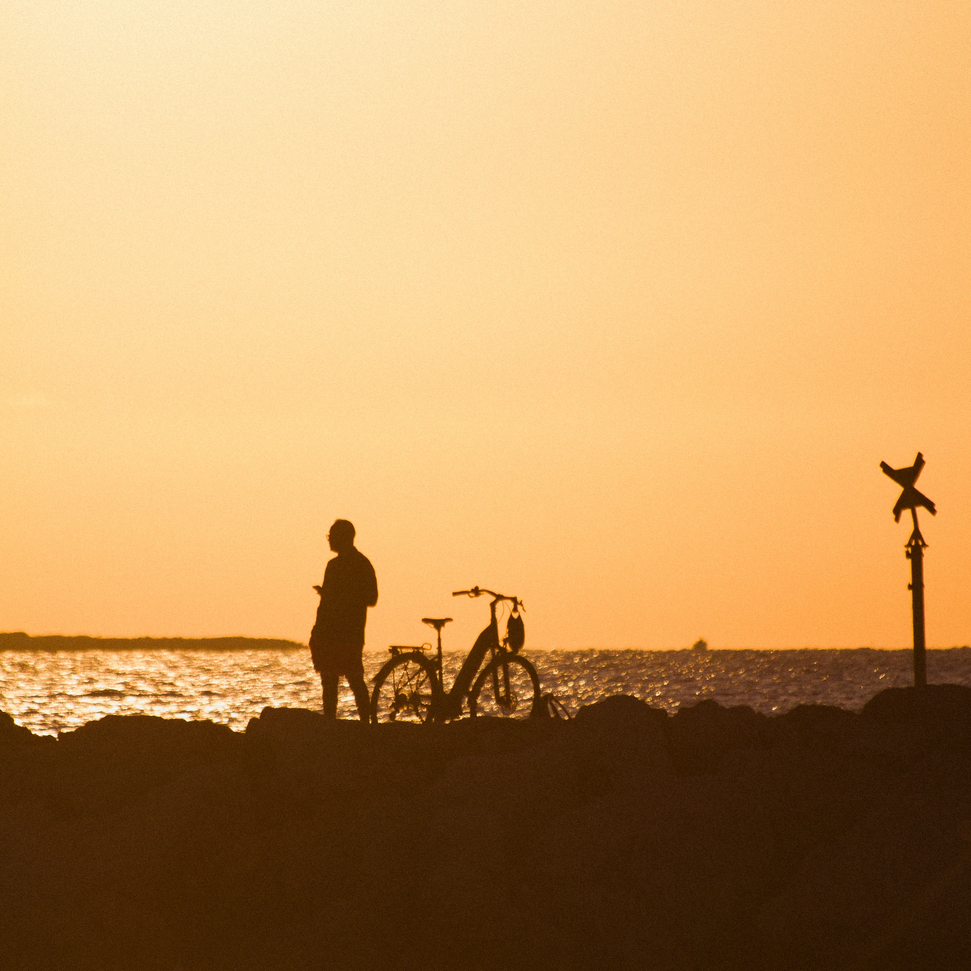 A man standing on a rock with a bike next to the sea at sunrise