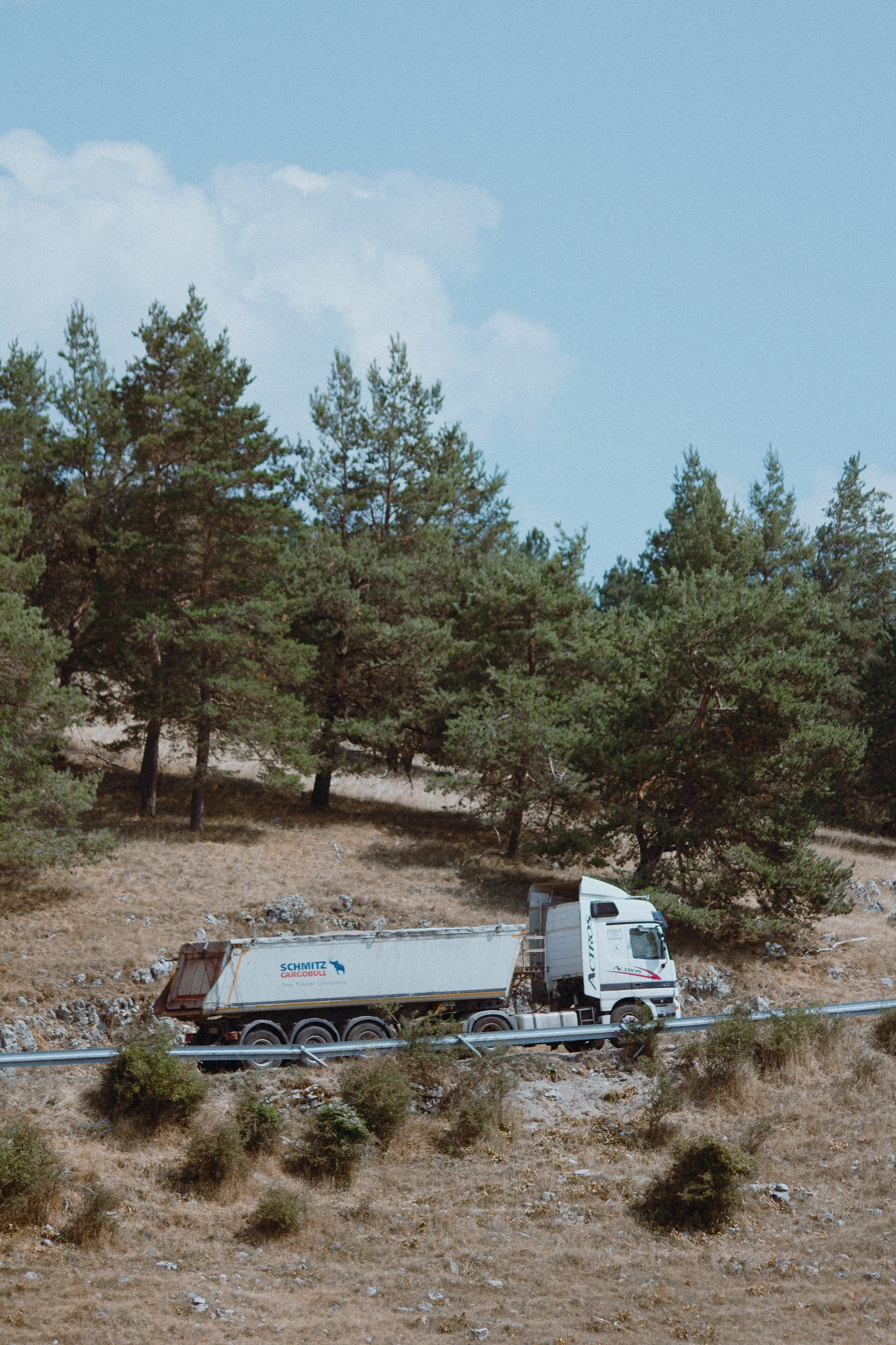 A truck driving down the road in the woods