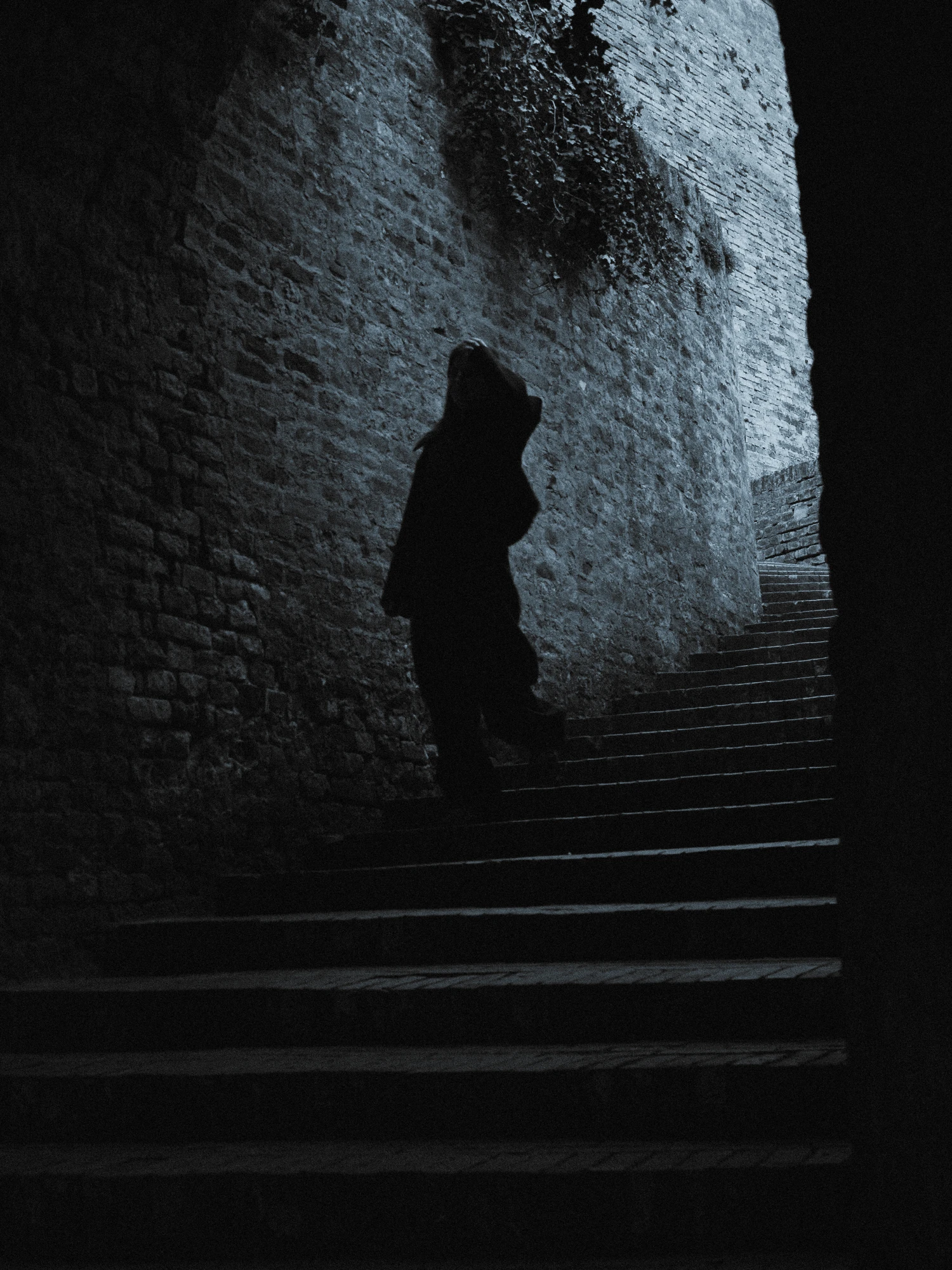 A shadow of a person walking down the cobblestone stairs